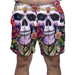 Sugar Skull With Flowers - Day Of The Dead Men s Shorts by GardenOfOphir