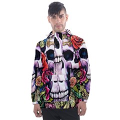 Sugar Skull With Flowers - Day Of The Dead Men s Front Pocket Pullover Windbreaker