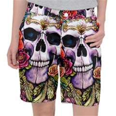 Sugar Skull With Flowers - Day Of The Dead Women s Pocket Shorts by GardenOfOphir