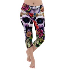 Sugar Skull With Flowers - Day Of The Dead Lightweight Velour Capri Yoga Leggings by GardenOfOphir