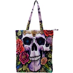 Sugar Skull With Flowers - Day Of The Dead Double Zip Up Tote Bag by GardenOfOphir