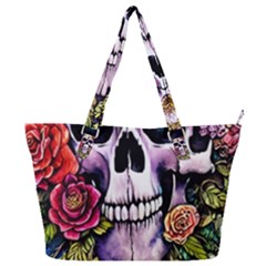 Sugar Skull With Flowers - Day Of The Dead Full Print Shoulder Bag by GardenOfOphir