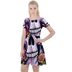 Sugar Skull With Flowers - Day Of The Dead Cap Sleeve Velour Dress  by GardenOfOphir