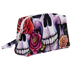 Sugar Skull With Flowers - Day Of The Dead Wristlet Pouch Bag (large) by GardenOfOphir