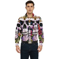 Sugar Skull With Flowers - Day Of The Dead Men s Long Sleeve Pocket Shirt  by GardenOfOphir