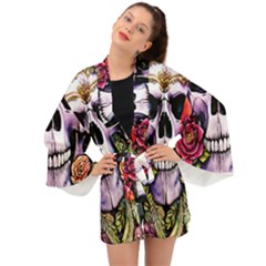 Sugar Skull With Flowers - Day Of The Dead Long Sleeve Kimono by GardenOfOphir