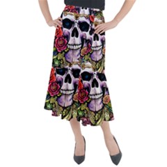 Sugar Skull With Flowers - Day Of The Dead Midi Mermaid Skirt by GardenOfOphir