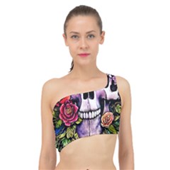 Sugar Skull With Flowers - Day Of The Dead Spliced Up Bikini Top  by GardenOfOphir