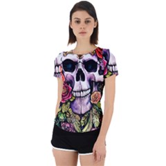 Sugar Skull With Flowers - Day Of The Dead Back Cut Out Sport Tee by GardenOfOphir