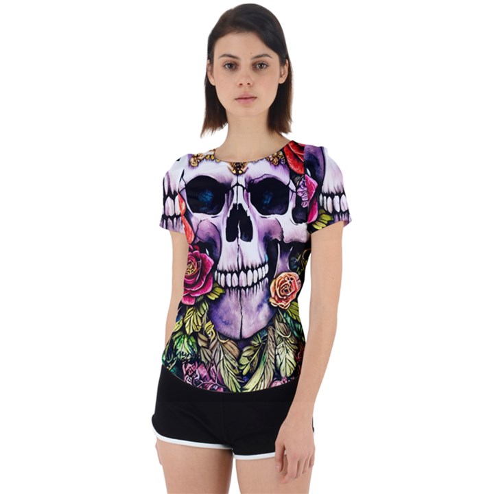 Sugar Skull With Flowers - Day Of The Dead Back Cut Out Sport Tee