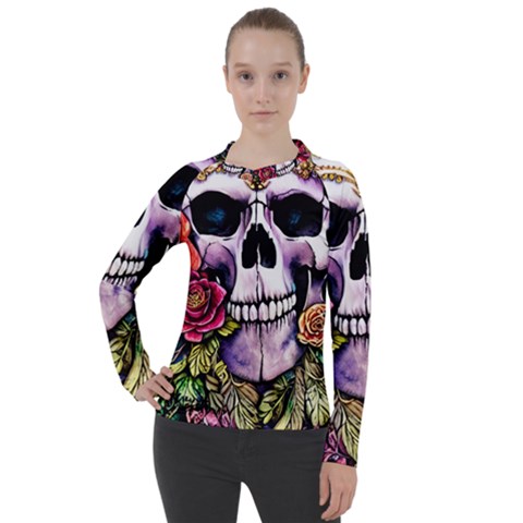 Sugar Skull With Flowers - Day Of The Dead Women s Pique Long Sleeve Tee by GardenOfOphir