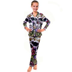 Sugar Skull With Flowers - Day Of The Dead Kid s Satin Long Sleeve Pajamas Set by GardenOfOphir