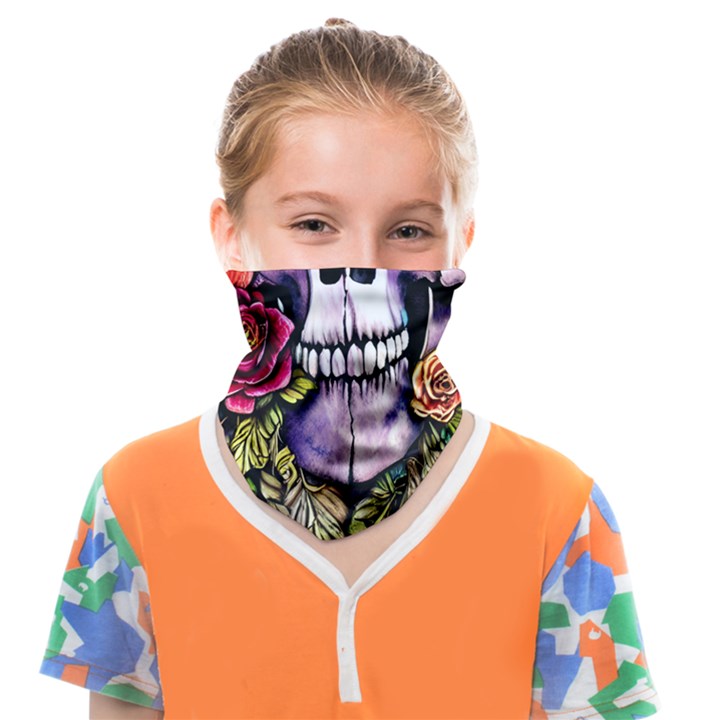 Sugar Skull With Flowers - Day Of The Dead Face Covering Bandana (Kids)