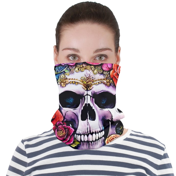 Sugar Skull With Flowers - Day Of The Dead Face Seamless Bandana (Adult)