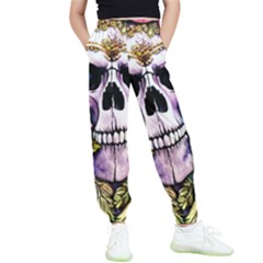 Sugar Skull With Flowers - Day Of The Dead Kids  Elastic Waist Pants by GardenOfOphir