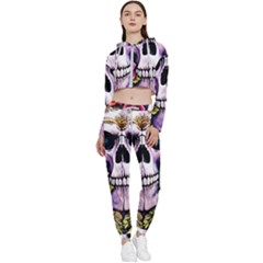 Sugar Skull With Flowers - Day Of The Dead Cropped Zip Up Lounge Set by GardenOfOphir