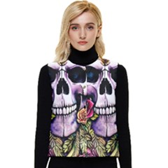 Sugar Skull With Flowers - Day Of The Dead Women s Short Button Up Puffer Vest by GardenOfOphir