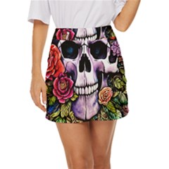 Sugar Skull With Flowers - Day Of The Dead Mini Front Wrap Skirt by GardenOfOphir