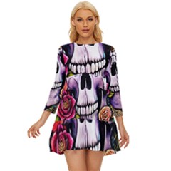 Sugar Skull With Flowers - Day Of The Dead Long Sleeve Babydoll Dress by GardenOfOphir