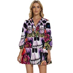 Sugar Skull With Flowers - Day Of The Dead V-neck Placket Mini Dress by GardenOfOphir