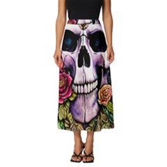 Sugar Skull With Flowers - Day Of The Dead Classic Midi Chiffon Skirt