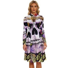 Sugar Skull With Flowers - Day Of The Dead Long Sleeve Shirt Collar A-line Dress by GardenOfOphir