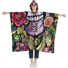 Sugar Skull With Flowers - Day Of The Dead Women s Hooded Rain Ponchos by GardenOfOphir