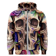 Retro Gothic Skull With Flowers - Cute And Creepy Men s Zipper Hoodie by GardenOfOphir