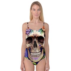 Retro Gothic Skull With Flowers - Cute And Creepy Camisole Leotard  by GardenOfOphir