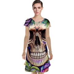 Retro Gothic Skull With Flowers - Cute And Creepy Cap Sleeve Nightdress by GardenOfOphir