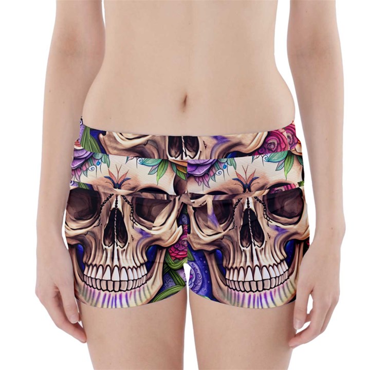 Retro Gothic Skull With Flowers - Cute And Creepy Boyleg Bikini Wrap Bottoms