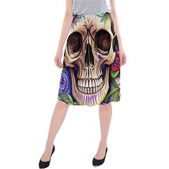 Retro Gothic Skull With Flowers - Cute And Creepy Midi Beach Skirt by GardenOfOphir