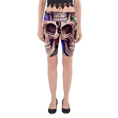 Retro Gothic Skull With Flowers - Cute And Creepy Yoga Cropped Leggings by GardenOfOphir