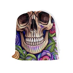 Retro Gothic Skull With Flowers - Cute And Creepy Drawstring Pouch (xl) by GardenOfOphir