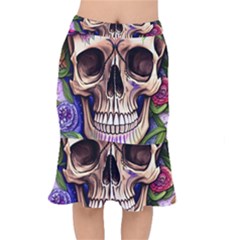 Retro Gothic Skull With Flowers - Cute And Creepy Short Mermaid Skirt by GardenOfOphir