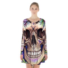 Retro Gothic Skull With Flowers - Cute And Creepy Long Sleeve Velvet V-neck Dress