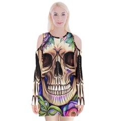 Retro Gothic Skull With Flowers - Cute And Creepy Velvet Long Sleeve Shoulder Cutout Dress