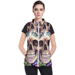 Retro Gothic Skull With Flowers - Cute And Creepy Women s Puffer Vest