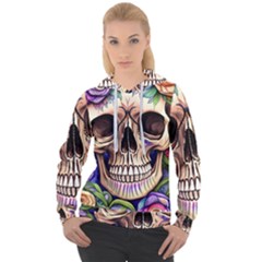 Retro Gothic Skull With Flowers - Cute And Creepy Women s Overhead Hoodie by GardenOfOphir