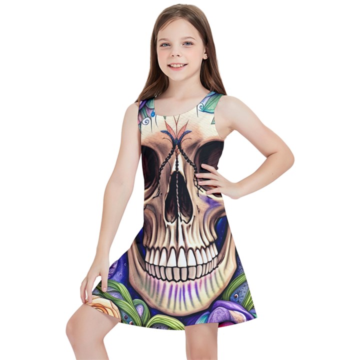 Retro Gothic Skull With Flowers - Cute And Creepy Kids  Lightweight Sleeveless Dress