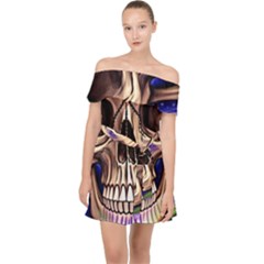 Retro Gothic Skull With Flowers - Cute And Creepy Off Shoulder Chiffon Dress by GardenOfOphir