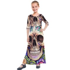 Retro Gothic Skull With Flowers - Cute And Creepy Kids  Quarter Sleeve Maxi Dress by GardenOfOphir