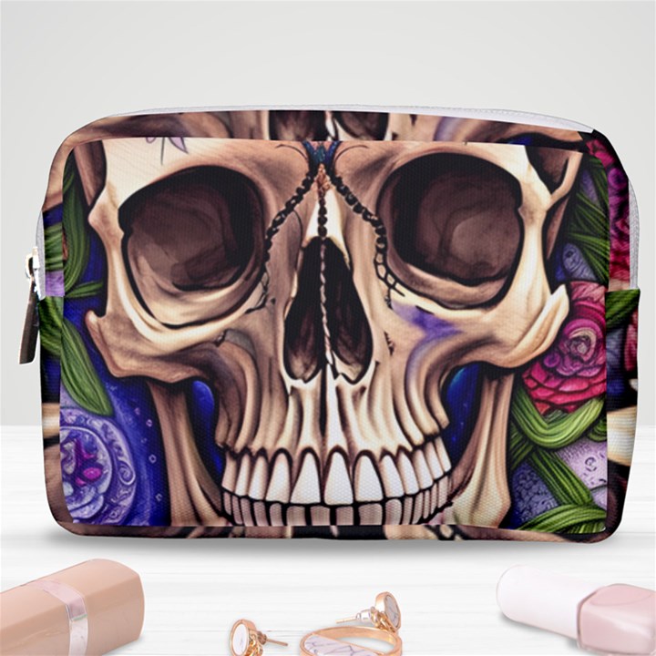 Retro Gothic Skull With Flowers - Cute And Creepy Make Up Pouch (Medium)