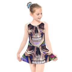 Retro Gothic Skull With Flowers - Cute And Creepy Kids  Skater Dress Swimsuit by GardenOfOphir