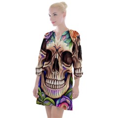 Retro Gothic Skull With Flowers - Cute And Creepy Open Neck Shift Dress by GardenOfOphir