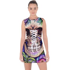 Retro Gothic Skull With Flowers - Cute And Creepy Lace Up Front Bodycon Dress by GardenOfOphir