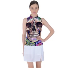 Retro Gothic Skull With Flowers - Cute And Creepy Women s Sleeveless Polo Tee by GardenOfOphir