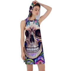 Retro Gothic Skull With Flowers - Cute And Creepy Racer Back Hoodie Dress by GardenOfOphir