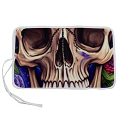 Retro Gothic Skull With Flowers - Cute And Creepy Pen Storage Case (m) by GardenOfOphir