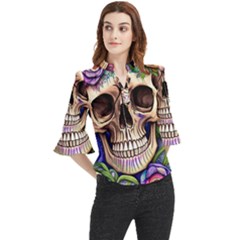 Retro Gothic Skull With Flowers - Cute And Creepy Loose Horn Sleeve Chiffon Blouse